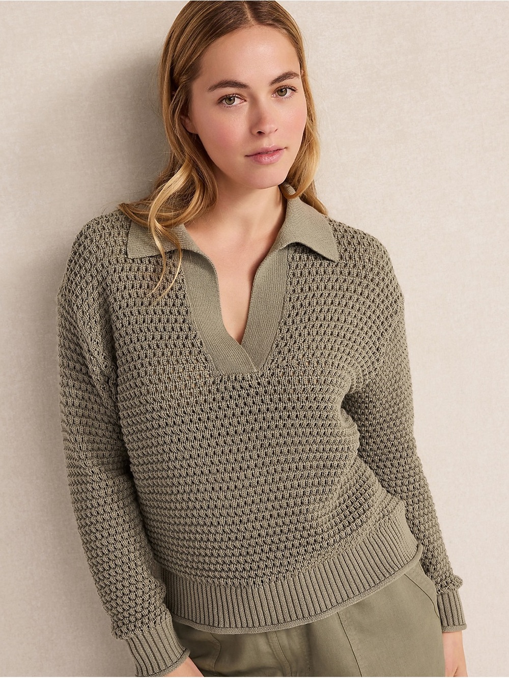 Haven Well Within Open Knit Johnny Collar Polo Sweater Cream Ivory L Like New
